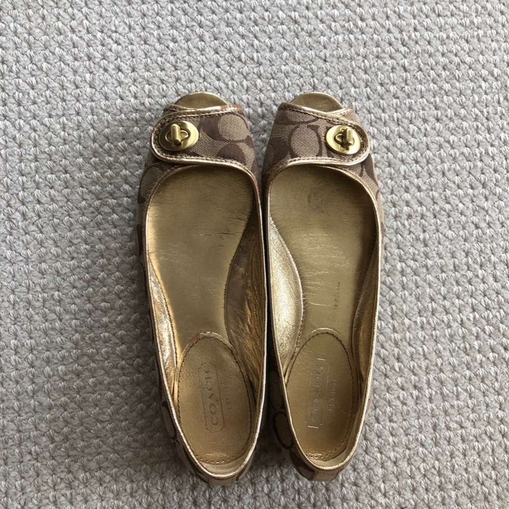 Coach gold open toed ballet flats